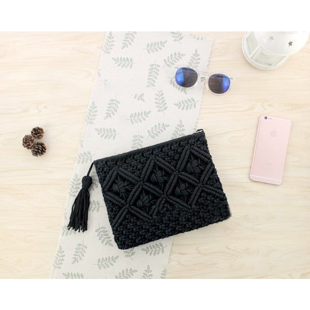 AEQUEEN Women Rattan Clutch Bag Female Straw Bag Bohemian Beach Party Bag Feminina Bolsa White Weaving Flap Handbag Ladies Purse