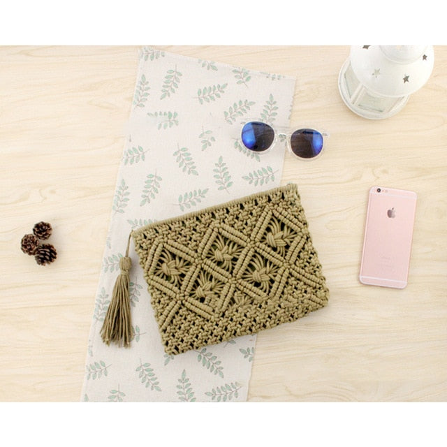 AEQUEEN Women Rattan Clutch Bag Female Straw Bag Bohemian Beach Party Bag Feminina Bolsa White Weaving Flap Handbag Ladies Purse