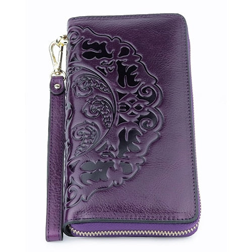 Luxurious 100% Genuine Oil Waxing Leather Flower Women Wallet 2018 Large Capacity Long Tassel Style Ladies Purses With Hand Rope