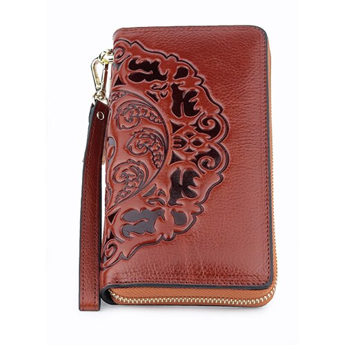 Luxurious 100% Genuine Oil Waxing Leather Flower Women Wallet 2018 Large Capacity Long Tassel Style Ladies Purses With Hand Rope