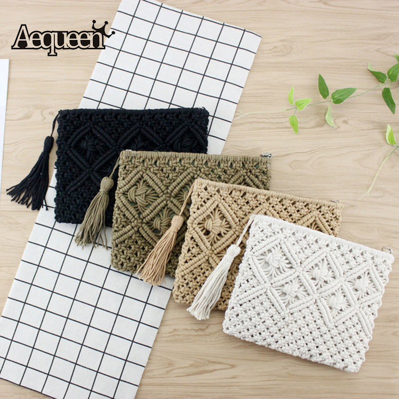 AEQUEEN Women Rattan Clutch Bag Female Straw Bag Bohemian Beach Party Bag Feminina Bolsa White Weaving Flap Handbag Ladies Purse